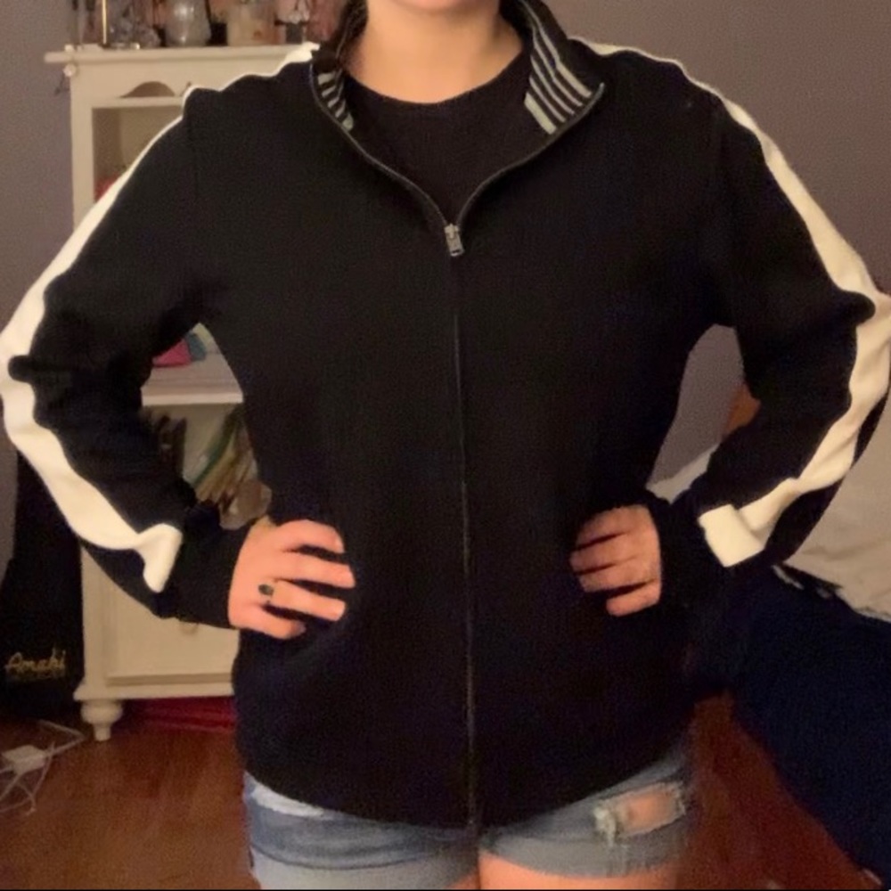 New Black ZipUp with White Sleeve Stripes